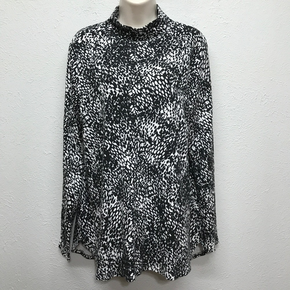 Chico's Top 2 Women L Black White Abstract Animal Print Mock Neck Long Sleeve
